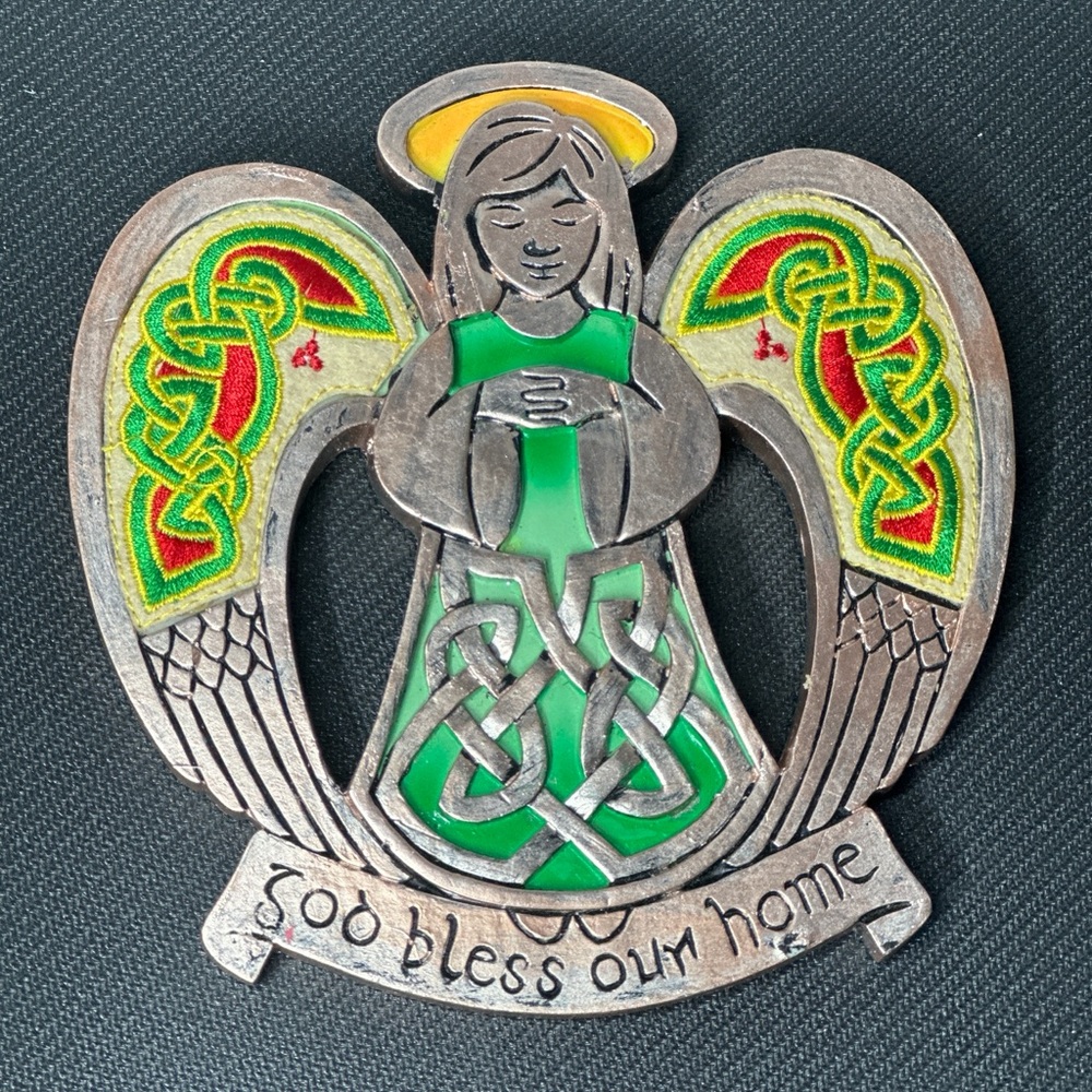 Green Celtic Angel Wall Plaque With God Bless Our Home Inscription Ceramic Resin